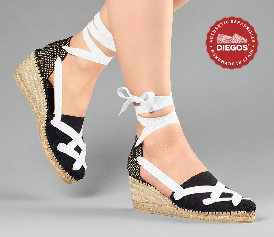All black Lola high wedge classic laces espadrilles