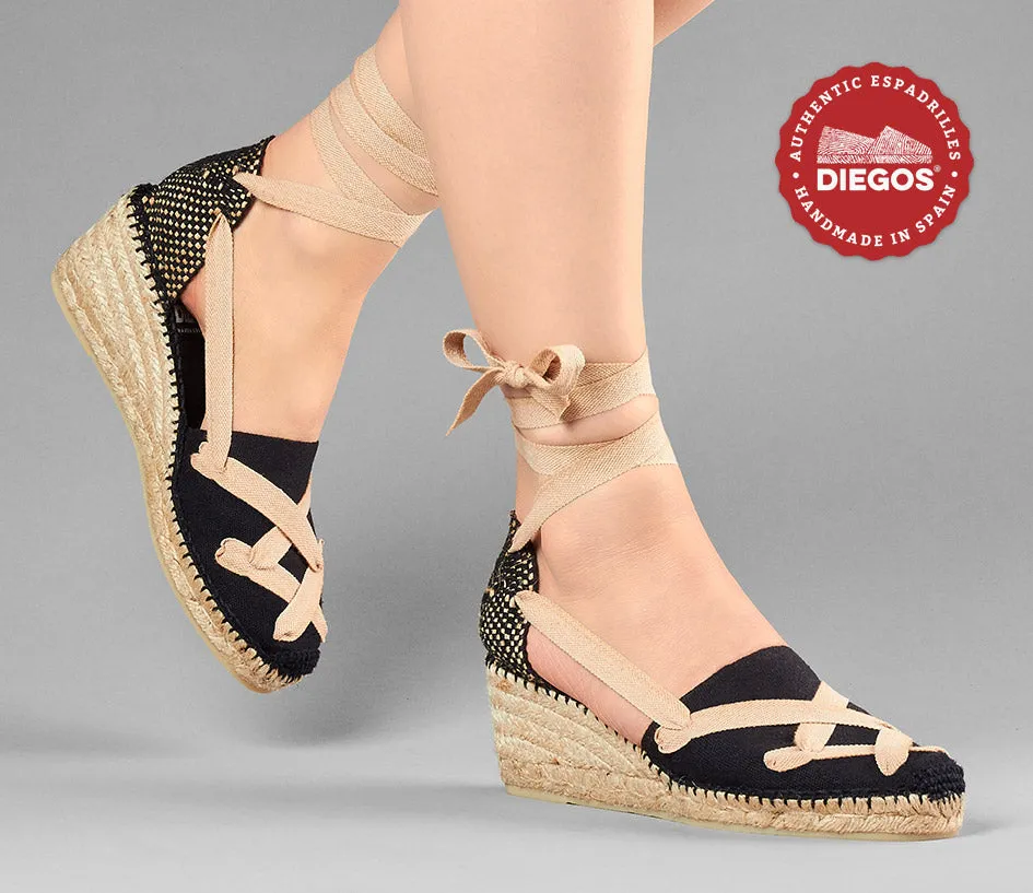 All black Lola high wedge classic laces espadrilles