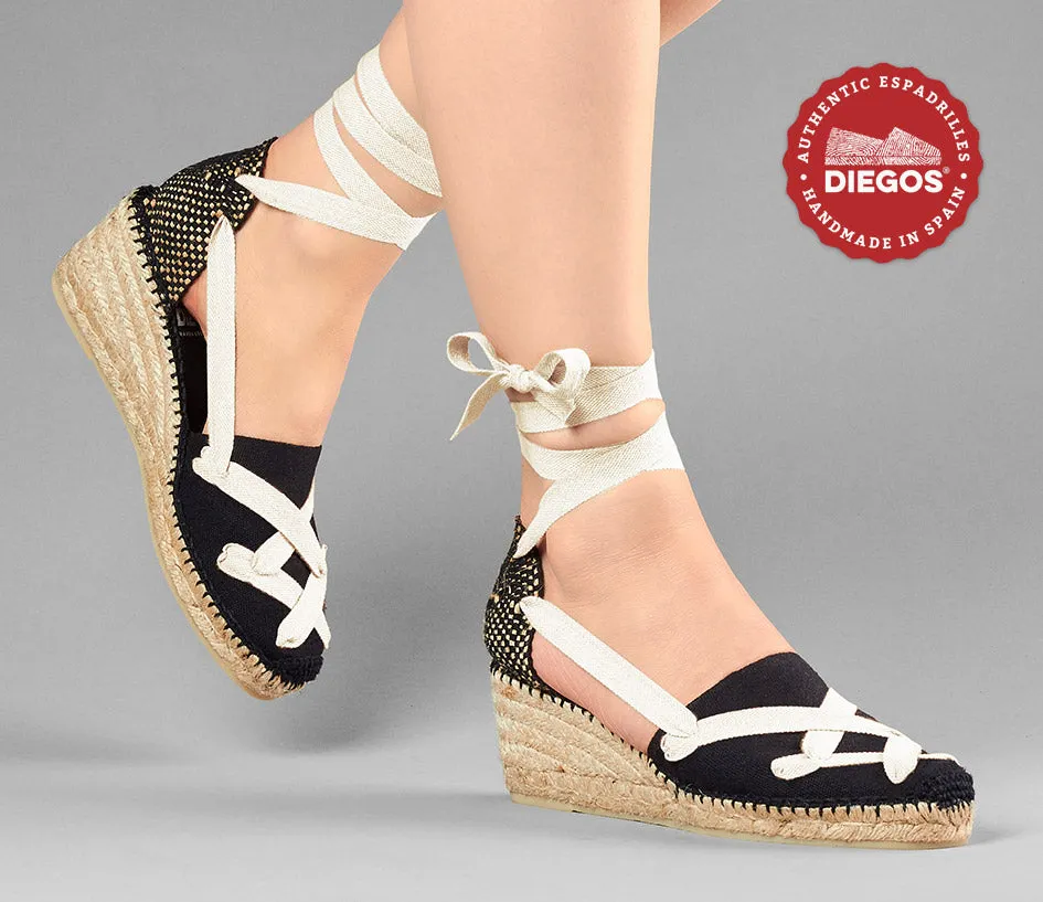 All black Lola high wedge classic laces espadrilles