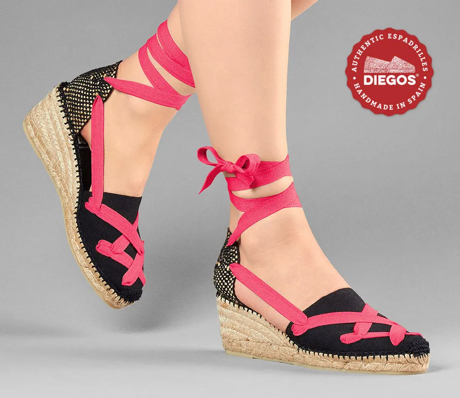 All black Lola high wedge classic laces espadrilles