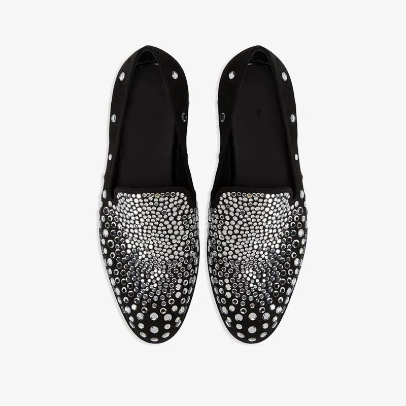 Core Black Suede Crystal-Embellished Loafers