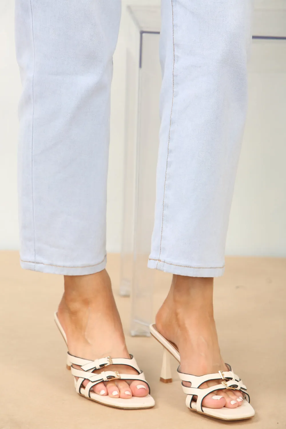 CREAM CROSS OVER BUCKLE DETAIL LOW STRAP HEEL
