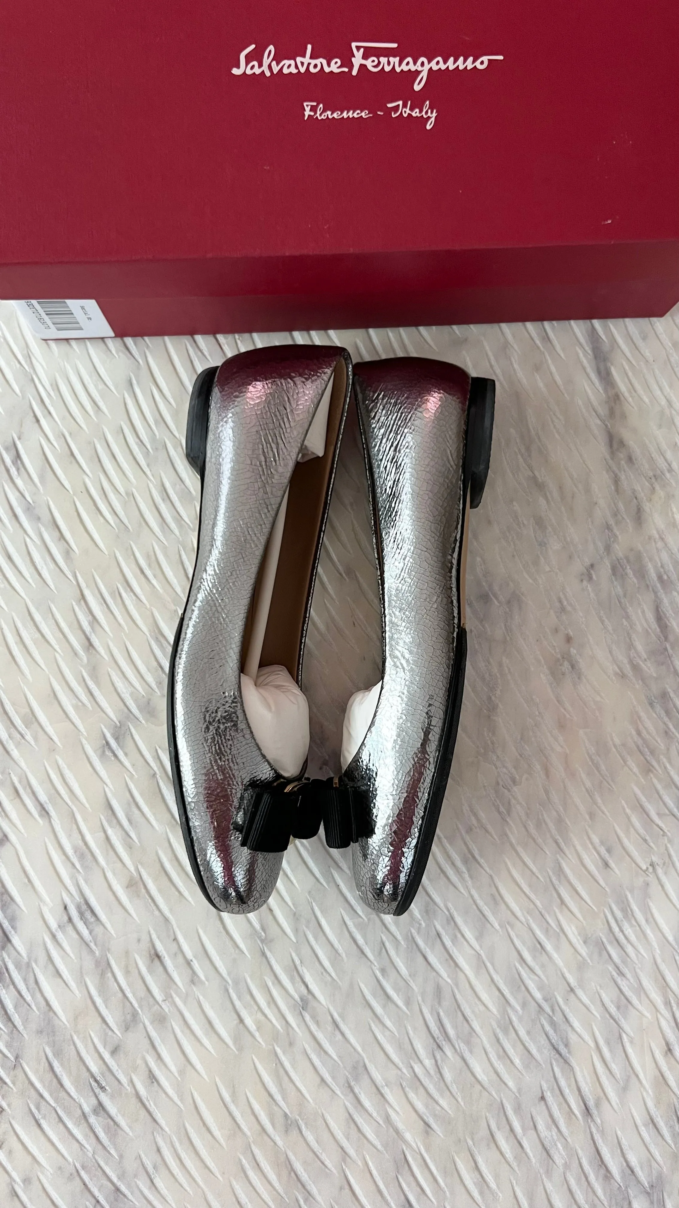 Ferragamo Pewter Metallic Varina Flats Size 7