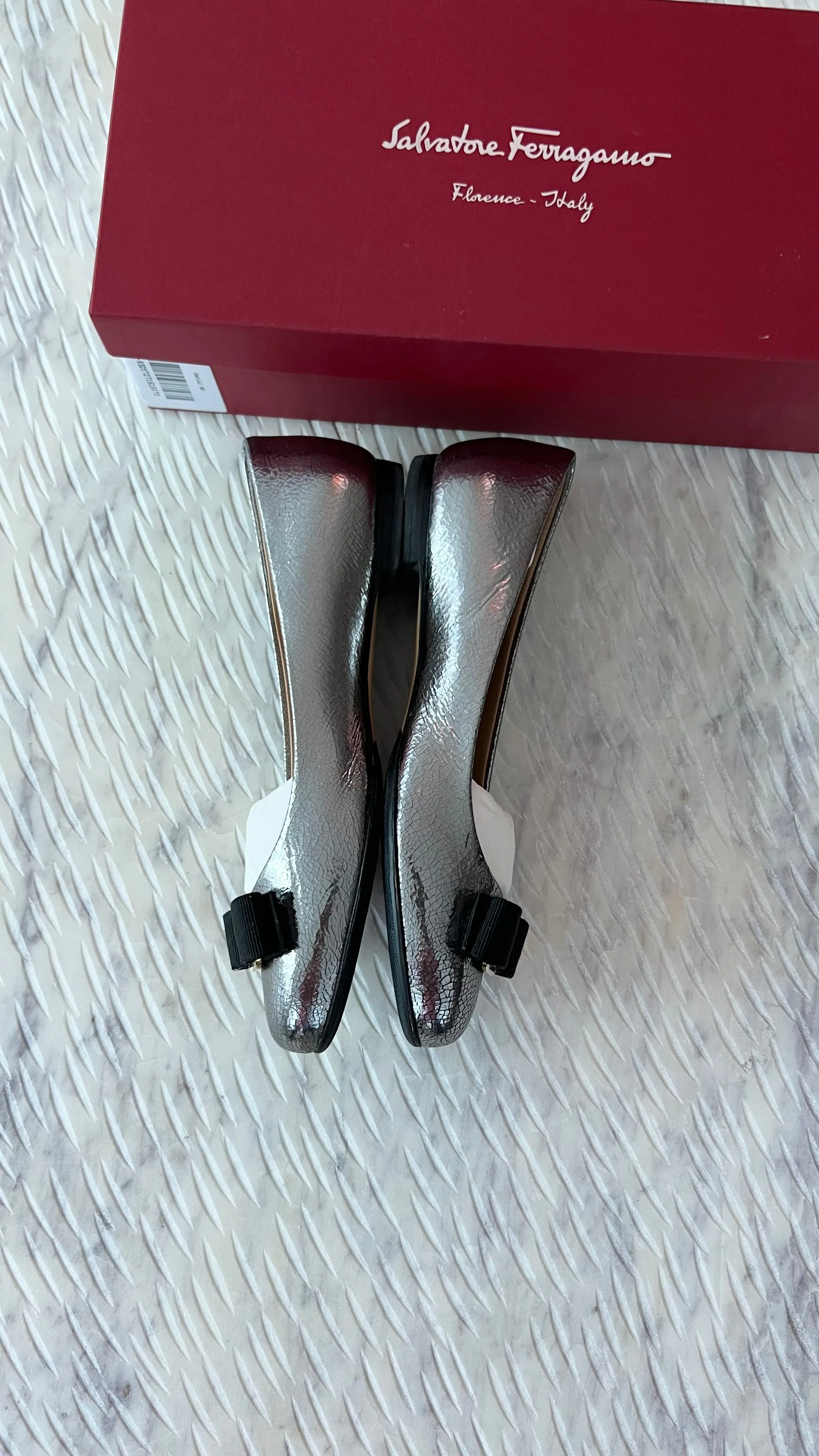 Ferragamo Pewter Metallic Varina Flats Size 7
