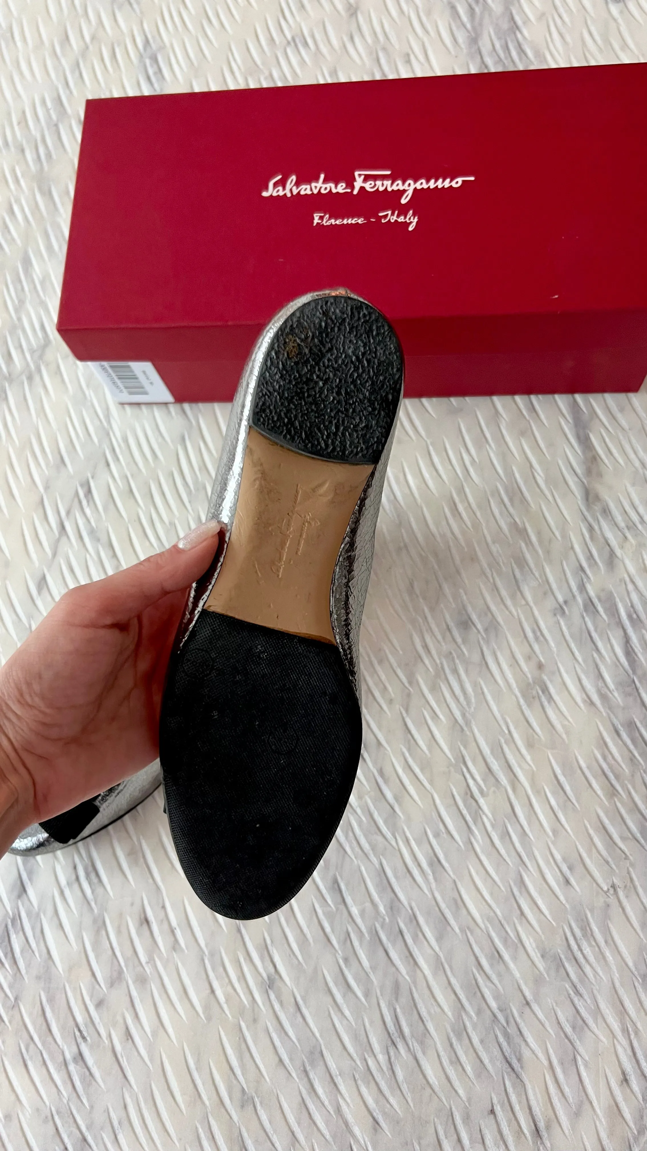 Ferragamo Pewter Metallic Varina Flats Size 7
