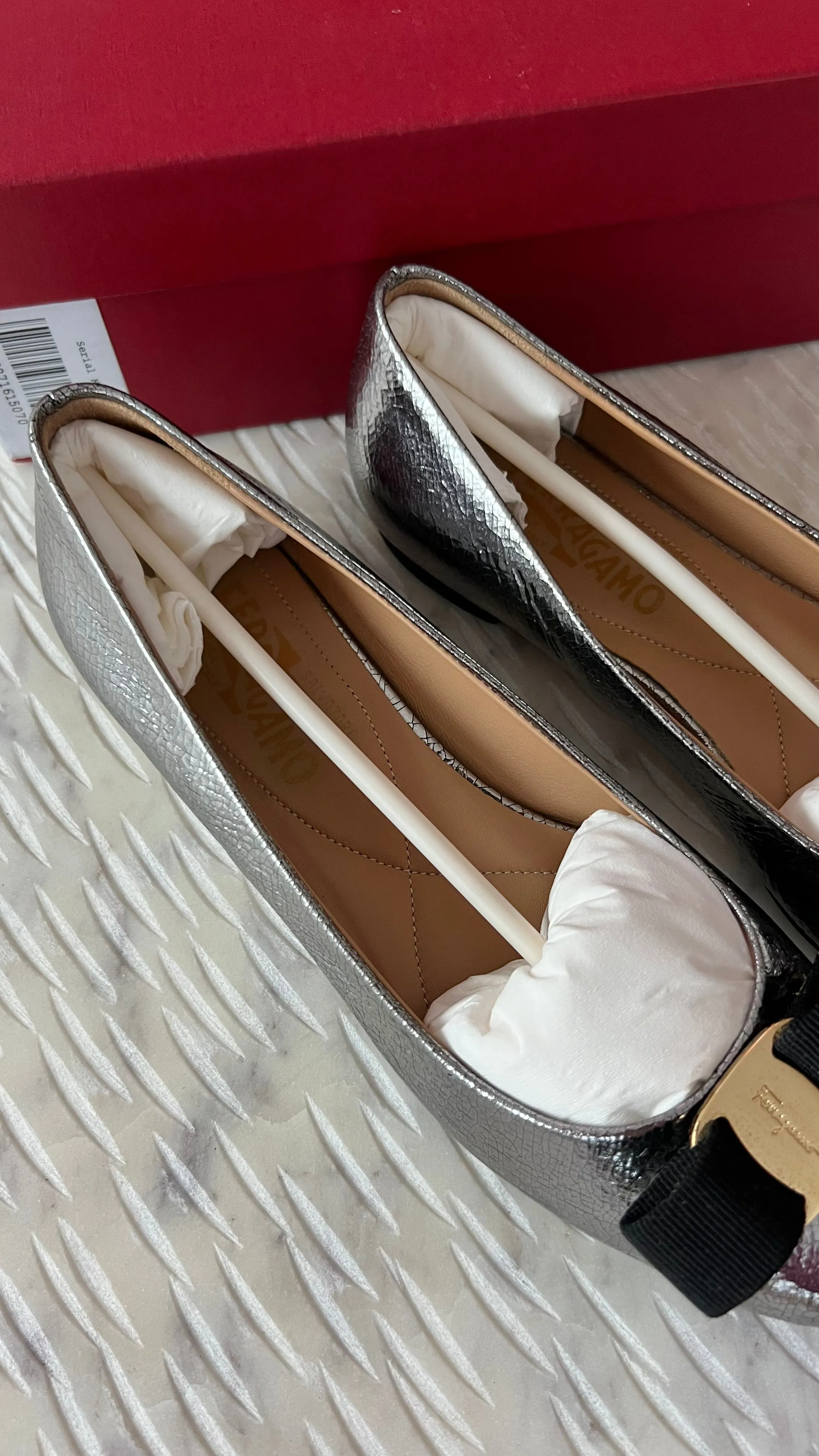 Ferragamo Pewter Metallic Varina Flats Size 7
