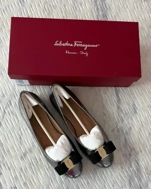 Ferragamo Pewter Metallic Varina Flats Size 7