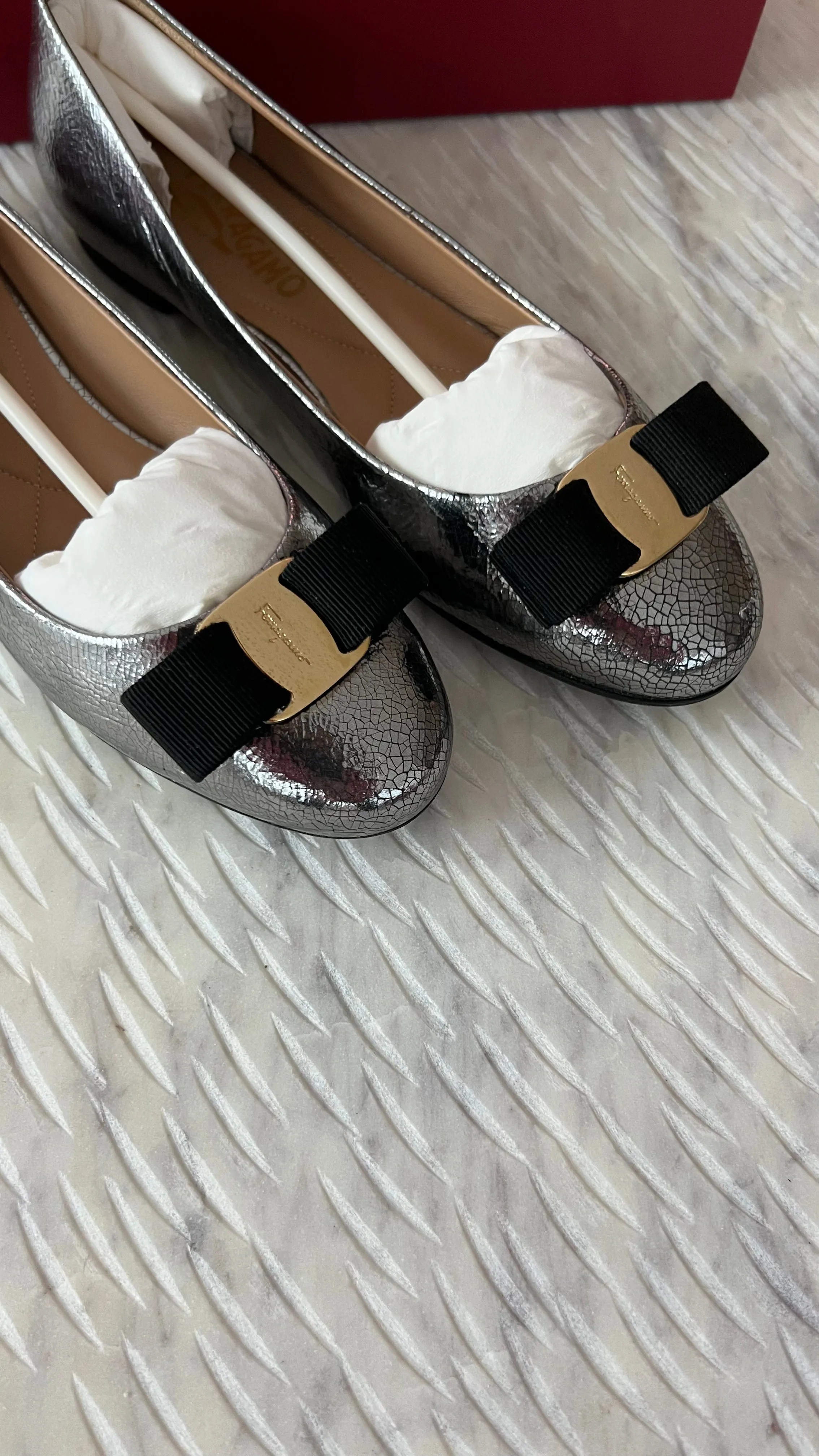 Ferragamo Pewter Metallic Varina Flats Size 7