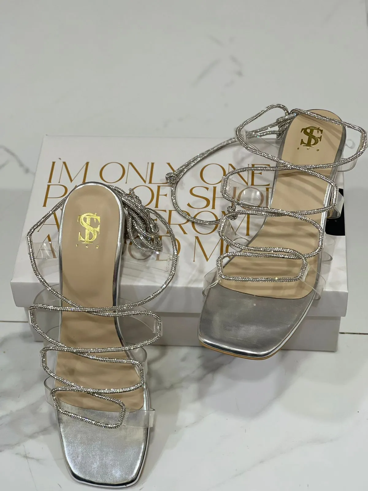 Silver shimmer Lacey transparent heels