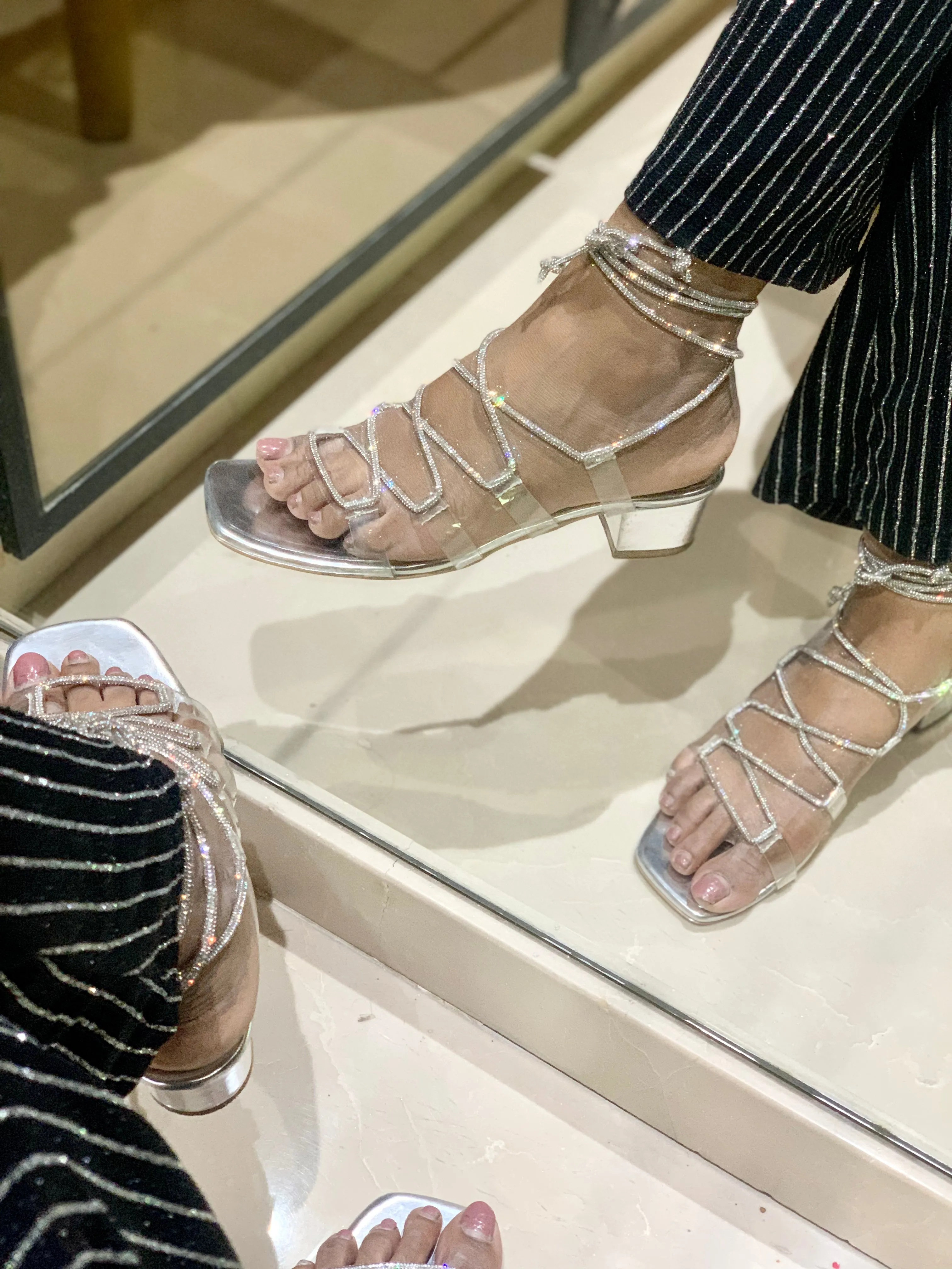 Silver shimmer Lacey transparent heels