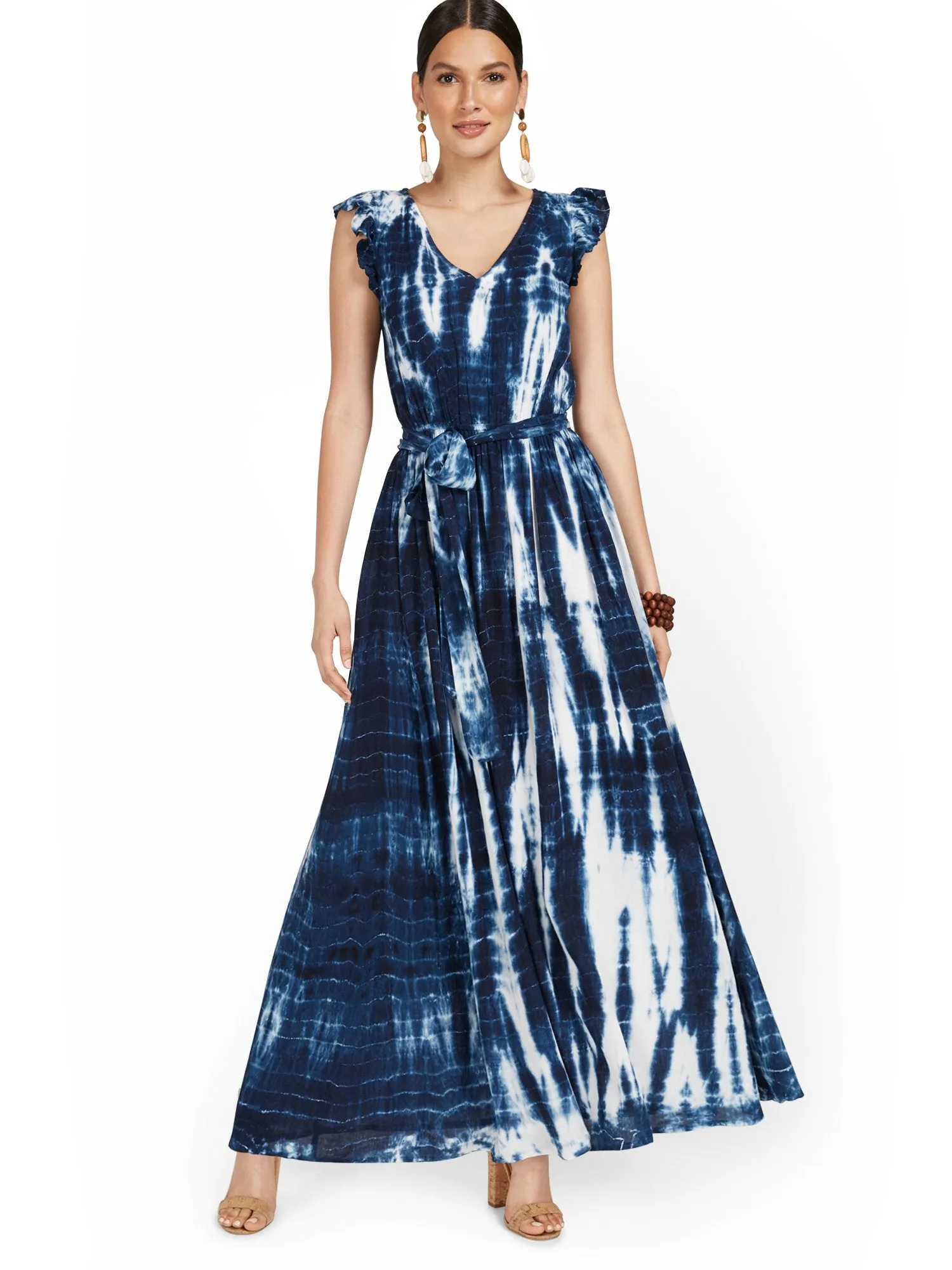 Tie-Dye Flutter-Sleeve Maxi Dress