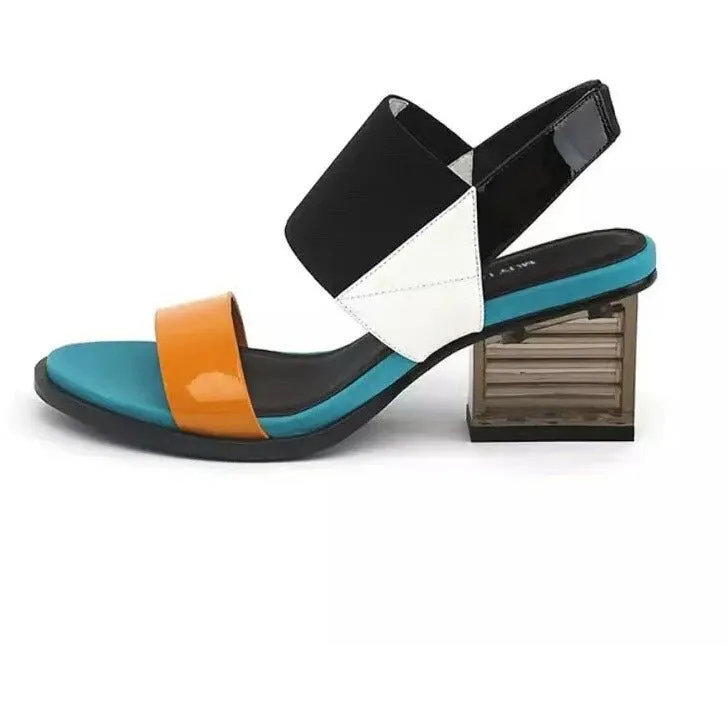 Transparent Square Low Heel Summer Real Cowhide Gladiator Sandals