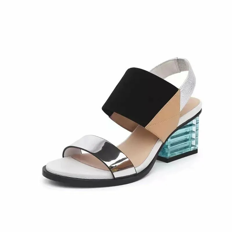 Transparent Square Low Heel Summer Real Cowhide Gladiator Sandals