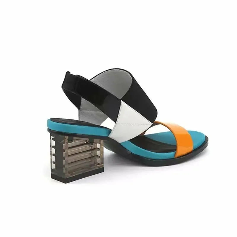 Transparent Square Low Heel Summer Real Cowhide Gladiator Sandals