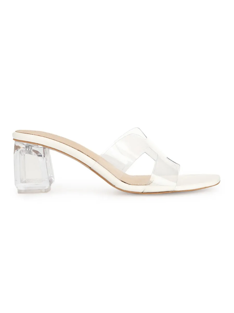 White Patent Perspex Block Heel Mules