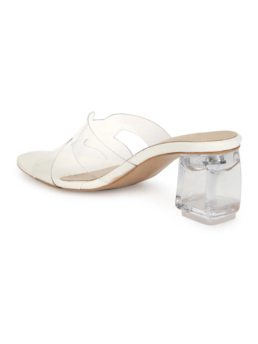 White Patent Perspex Block Heel Mules