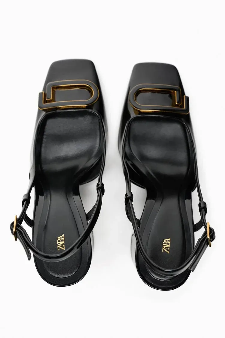 ZARA BLOCK-HEEL SLINGBACK SHOES - BLACK