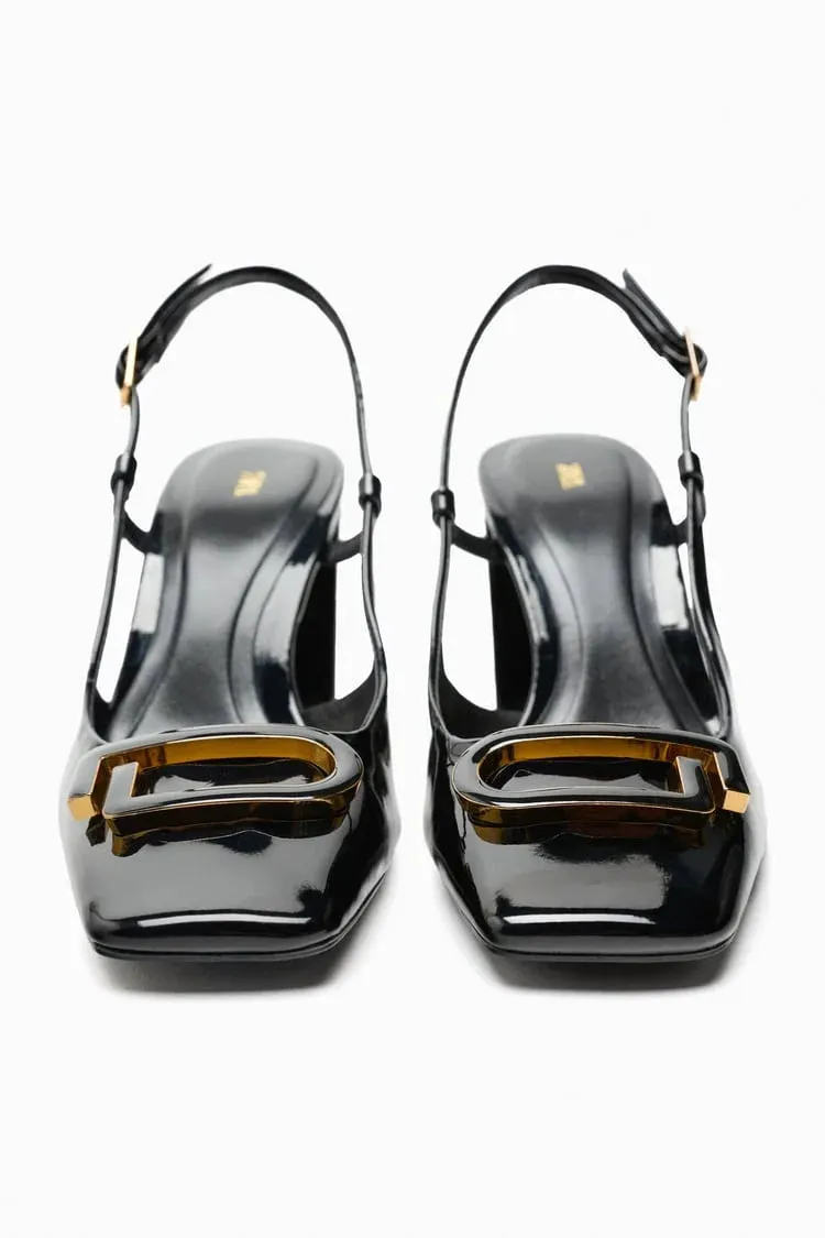 ZARA BLOCK-HEEL SLINGBACK SHOES - BLACK