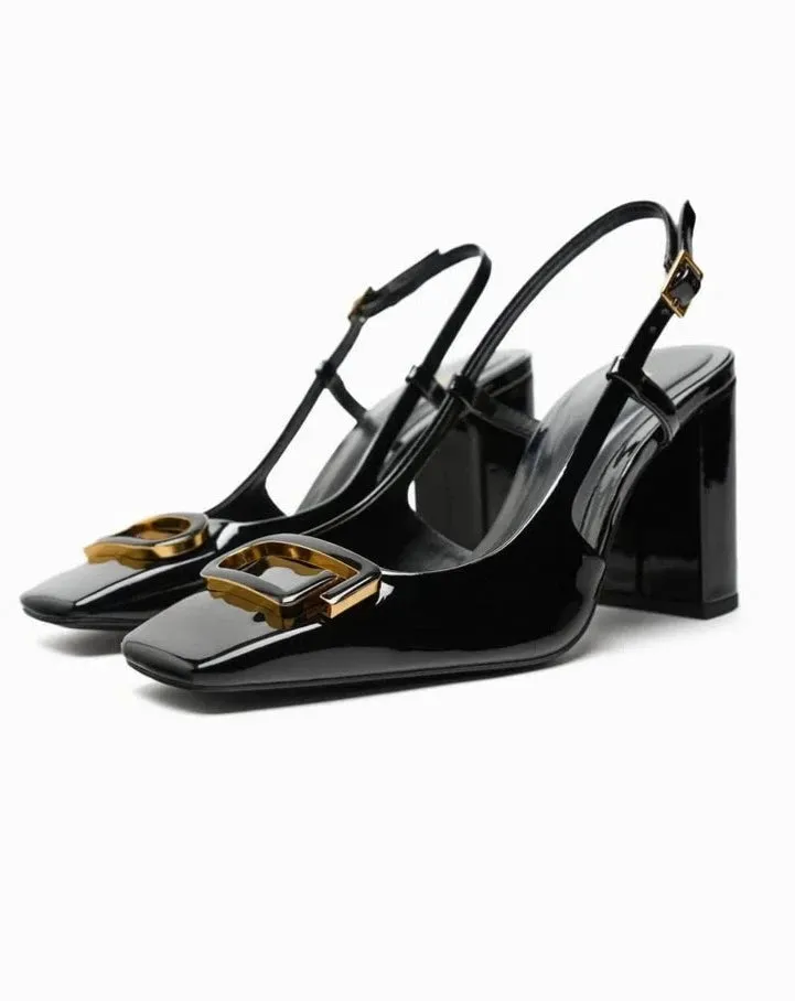 ZARA BLOCK-HEEL SLINGBACK SHOES - BLACK